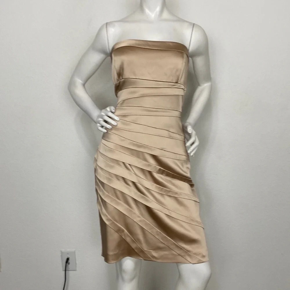 Calvin Klein Tan Satin Cocktail Above Knee Strapless Dress